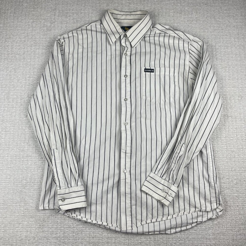 Avirex USA Shirt Mens L White / Black Button Up Long Sleeve Striped *Read*